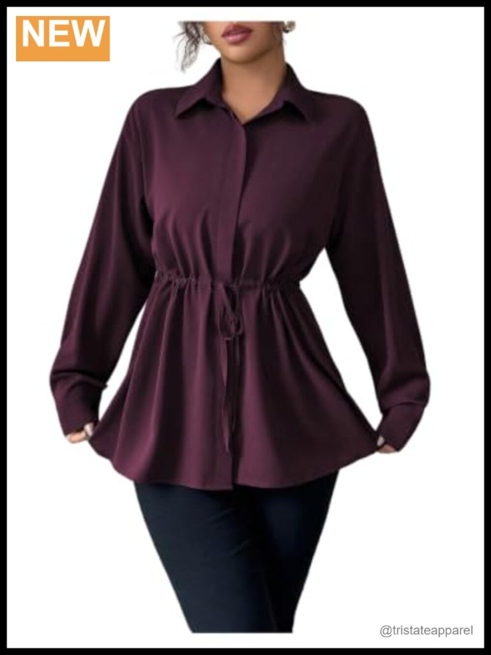 Women's Button Down Peplum Blouse Long Sleeve Drawstring Collared Work Top